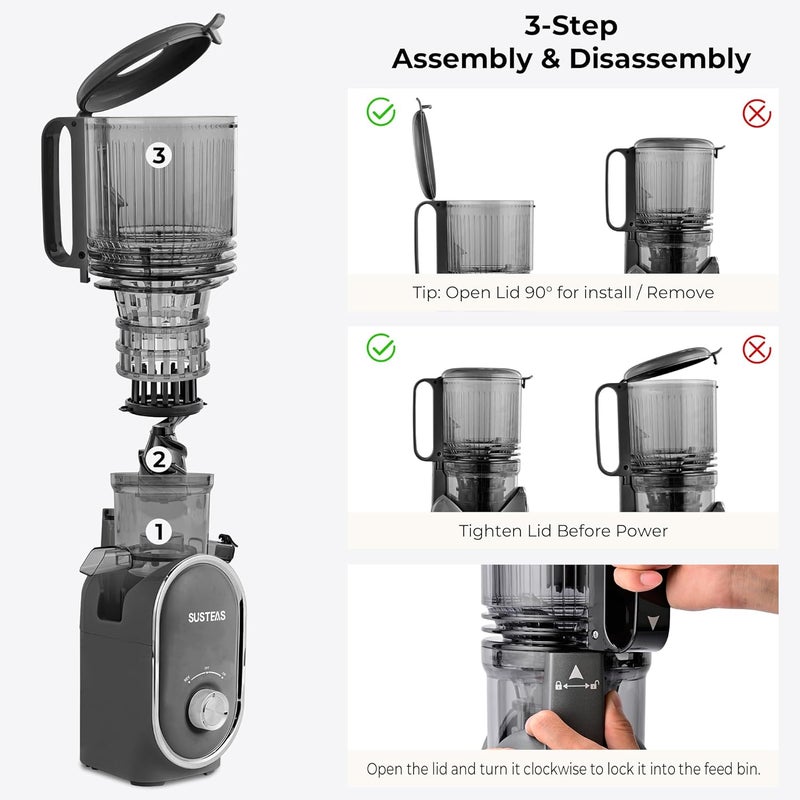 susteas Cold Press Juicer Machines, 5.3" Feed Chute(50oz Capacity), 300W Slow Masticating Juice Extractor for Whole Fruits and Vegetables, Automatic Feed, High Juice Yield,Easy to Clean, Silver gray - Image 2